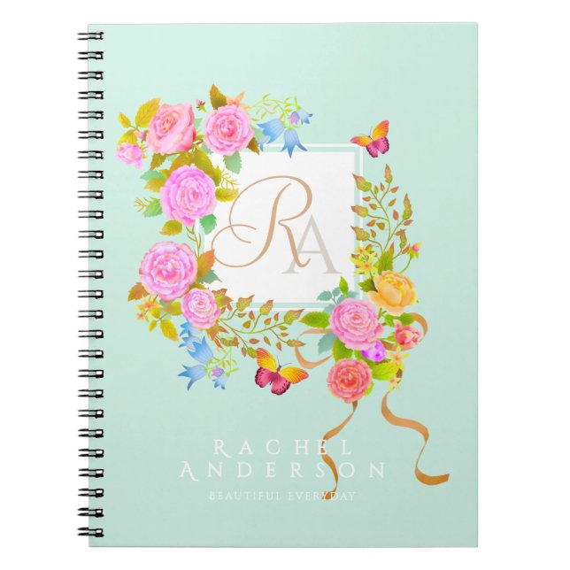 Romantic Blooming Garden Monogram Green Notebook (Front)