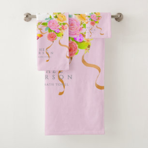 Romantic Blooming Garden Monogram Pink Bath Towel Set