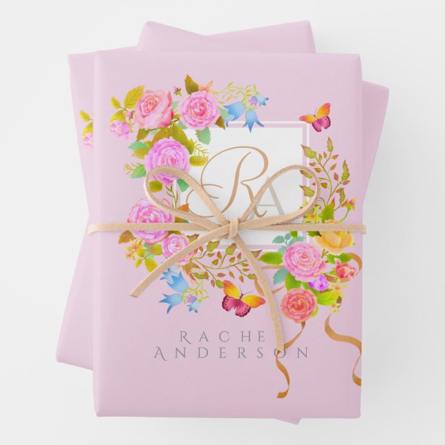 Romantic Blooming Garden Monogram Pink Wrapping Paper Sheet (In situ)