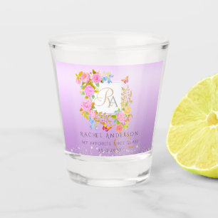 Romantic Blooming Garden Monogram Purple Shot Glass