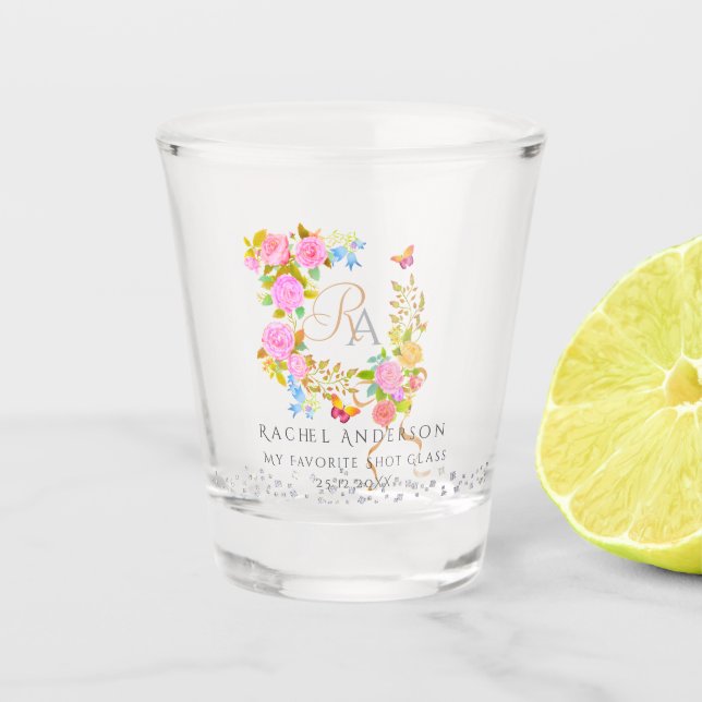 Romantic Blooming Garden Monogram  Shot Glass (Front)