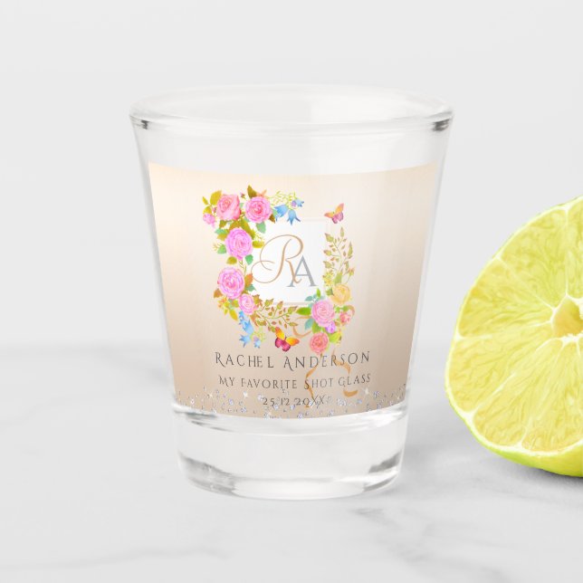 Romantic Blooming Garden Monogram Soft Pink Shot Glass (Front)