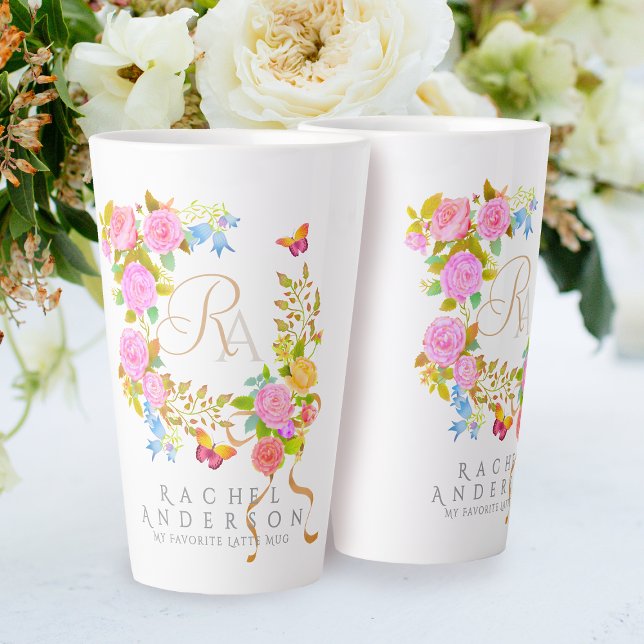 Romantic Blooming Garden Monogram White Latte Mug (Elegant romantic flowers monogram design.)