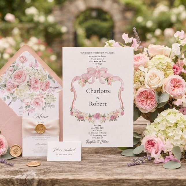 Romantic Blooms Around Crest Botanical Wedding Invitation (Creator Uploaded)