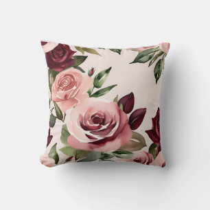 Romantic Blooms Watercolor Roses Burgundy Cushion