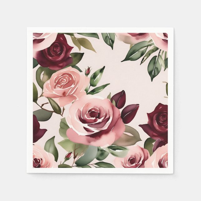 Romantic Blooms Watercolor Roses Burgundy Napkin (Front)