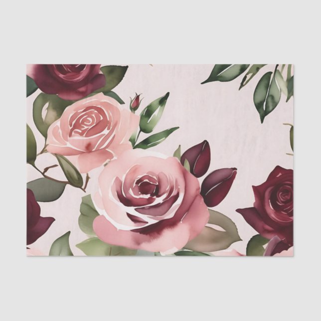 Romantic Blooms Watercolor Roses Burgundy Tissue Paper (Front)