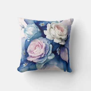 Romantic Blue and Blush Watercolor Roses Floral Ar Cushion