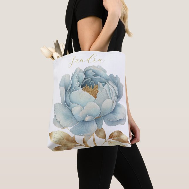 Romantic blue and golden flower tote bag (Close Up)