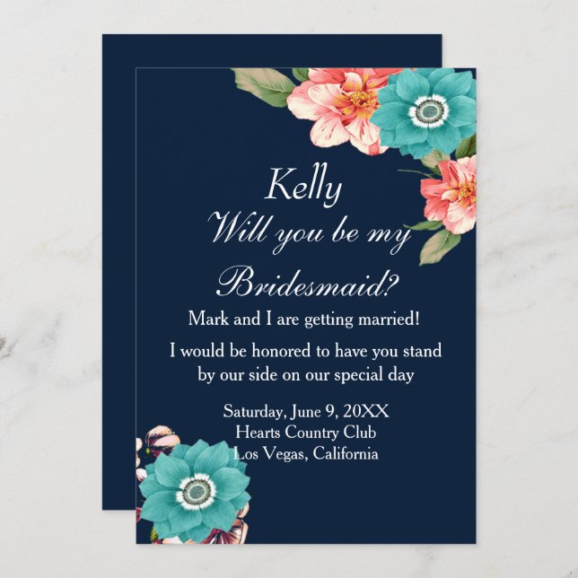 Romantic Blue And Pink Floral Botanical Bridesmaid Invitation (Front/Back)