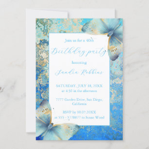 Romantic blue and white butterflies Birthday Invitation