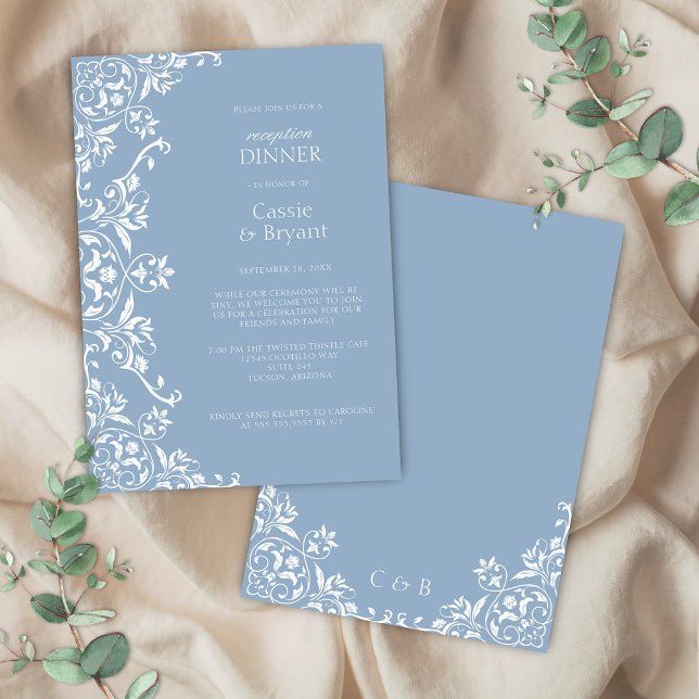Romantic Blue and White Wedding Reception Dinner Invitation (elegant dusty blue and white regency era vintage floral border romantic reception dinner invitation)