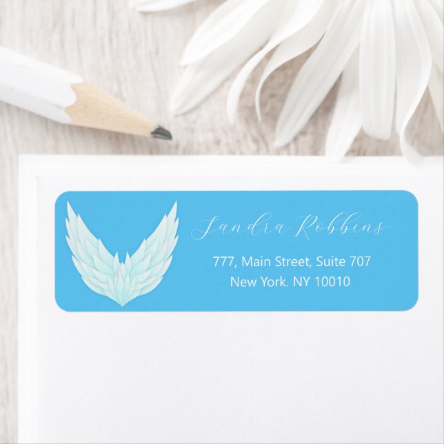 Romantic blue angel wings label (Insitu)