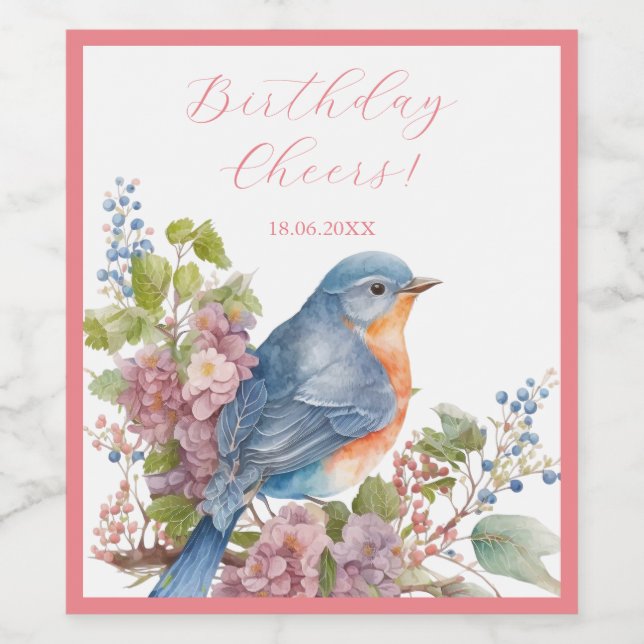 Romantic blue bird and flowers wine label (Single Label)