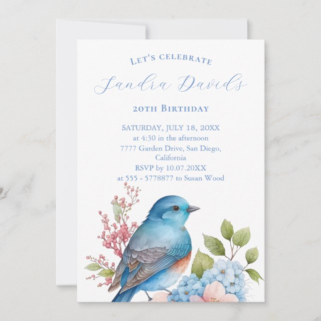 Romantic blue bird Birthday Invitation (Front)