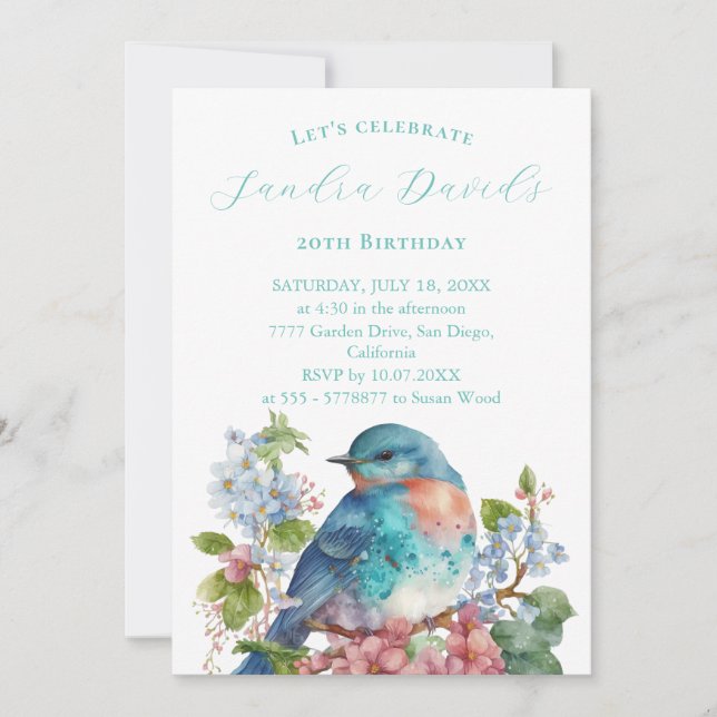 Romantic blue bird Birthday Invitation (Front)