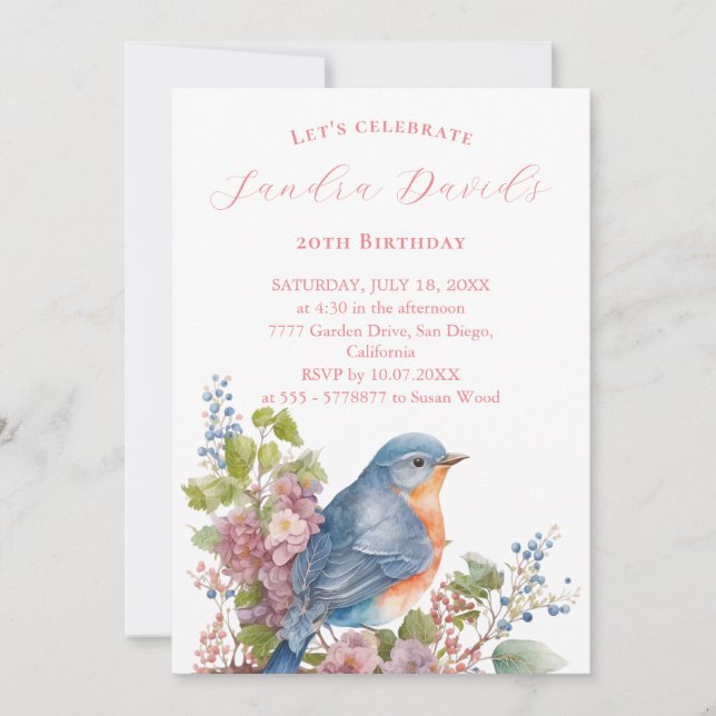 Romantic blue bird Birthday Invitation (Front)