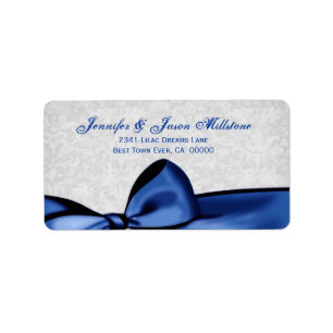 Romantic Blue Bow and Silver Grey Damask Wedding Label
