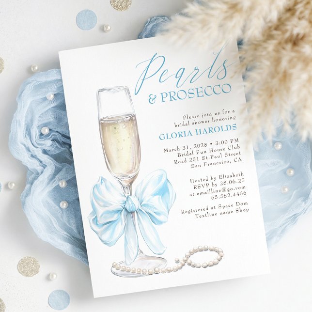 Romantic Blue Bow Pearls & Prosecco Bridal Shower Invitation (Pearls and Prosecco Dusty Blue Bow Elegant Bridal Shower Invitation)