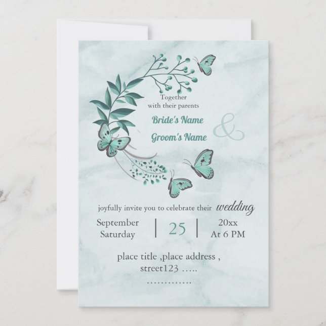 romantic blue butterflies leaves floral wedding invitation (Front)
