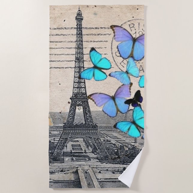 romantic blue butterfly french paris eiffel tower beach towel (Front)