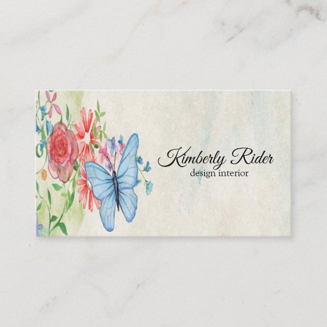 Romantic Blue Butterfly On Red Flower Business Card (Front)