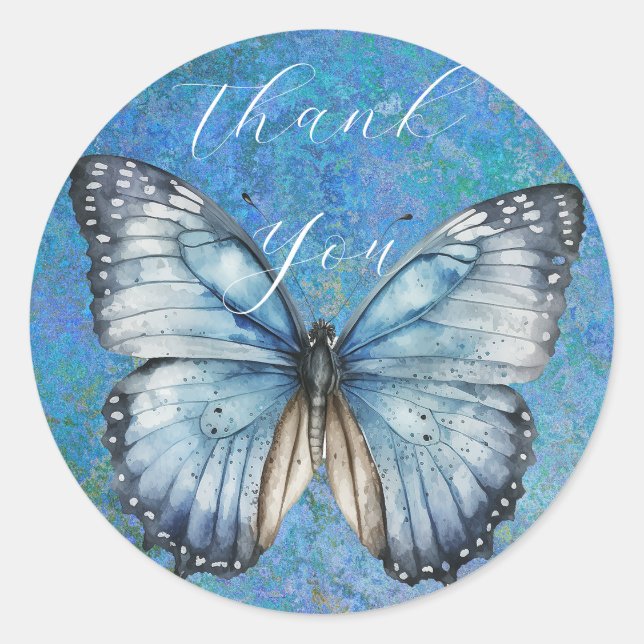 Romantic blue butterfly thank you classic round sticker (Front)