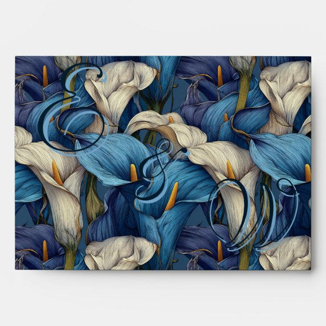 Romantic Blue Calla Lilies Petal Boho Wedding Envelope (Front)
