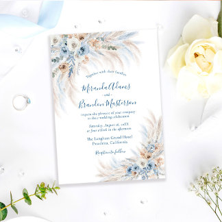 Romantic Blue Calligraphy Floral Boho Wedding Invitation