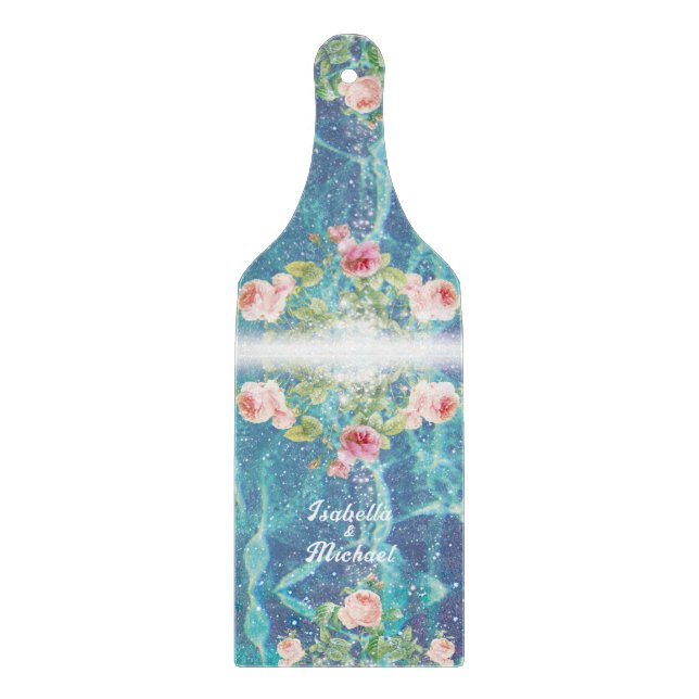 Romantic blue customized couple names cutting board (Front)