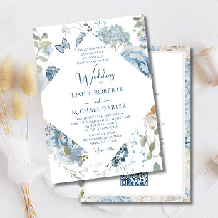 Romantic Blue Floral All In One QR Code Wedding Invitation