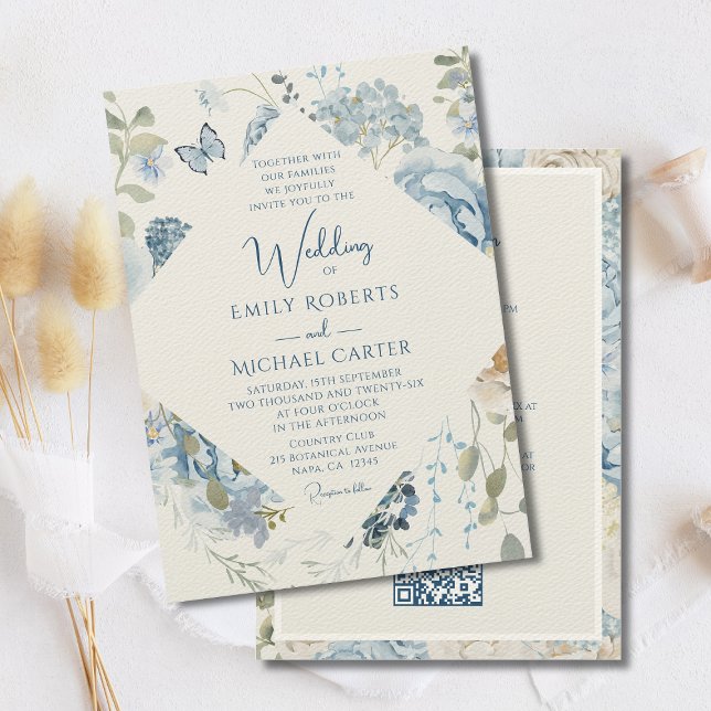 Romantic Blue Floral All In One QR Code Wedding Invitation (Creator Uploaded)