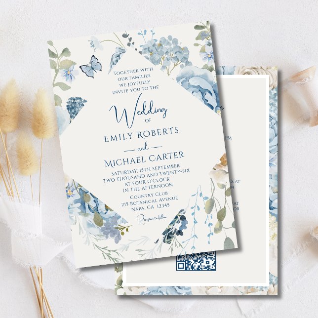 Romantic Blue Floral All In One QR Code Wedding Invitation (Creator Uploaded)