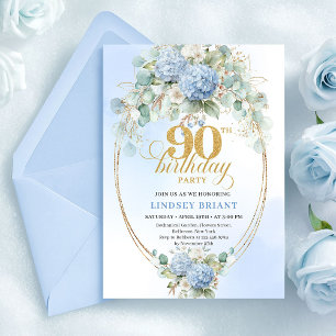 Romantic Blue Floral Boho 90th Birthday Invitation