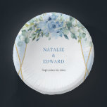 Romantic blue floral eucalyptus and gold frame paper plate<br><div class="desc">Immerse yourself in the delicacy of the 'Romantic Boho Dusty Blue Flowers' graphic set that seamlessly combines eucalyptus greenery with exquisite golden glitter frames. Perfect for wedding Paper Bowls, this graphic richly exhibits an elegant bohemian flair. The hues of dusty blue flowers manifest a subtle enigma and charm that is...</div>