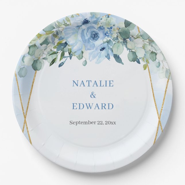 Romantic blue floral eucalyptus and gold frame paper plate (Front)