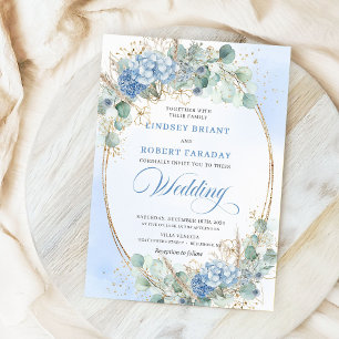 Romantic Blue Floral Gold Frame Wedding Invitation