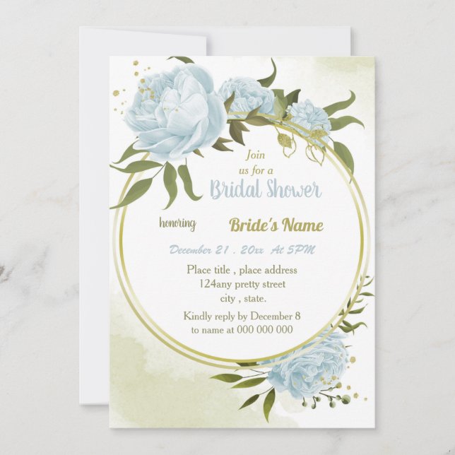romantic blue floral gold wreath bridal shower invitation (Front)
