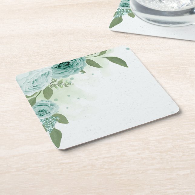 romantic blue floral greenery square paper coaster (Angled)