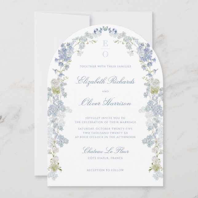 Romantic Blue Floral Monogram All in One Wedding Invitation (Front)