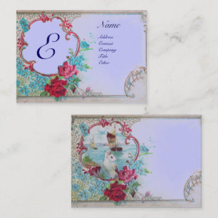 ROMANTIC BLUE FLORAL MONOGRAM,ROSES,DOVE,SEASCAPE BUSINESS CARD