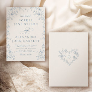 Romantic Blue Floral Monogram Wedding Invitation