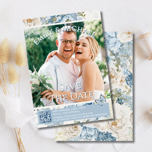 Romantic Blue Floral Photo QR Code Wedding Invitation