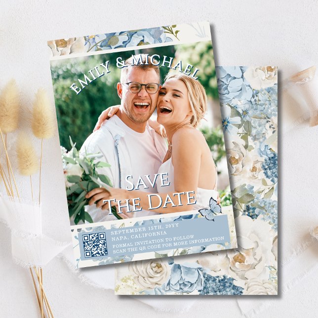 Romantic Blue Floral Photo QR Code Wedding Invitation (Creator Uploaded)