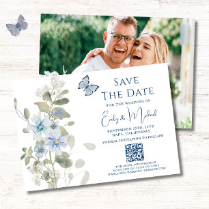 Romantic Blue Floral Photo QR Code Wedding Save The Date