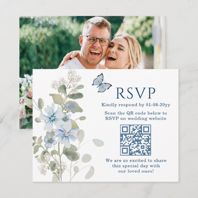 Romantic Blue Floral QR Code Wedding RSVP Card (Front/Back)