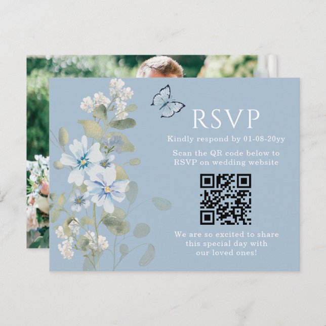 Romantic Blue Floral RSVP QR Code Photo Wedding (Front/Back)