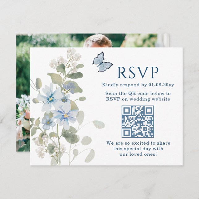 Romantic Blue Floral RSVP QR Code Photo Wedding (Front/Back)