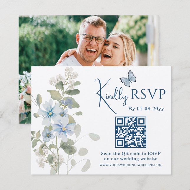 Romantic Blue Floral RSVP QR Code Photo Wedding Card (Front/Back)