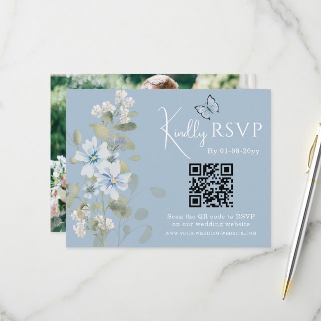 Romantic Blue Floral RSVP QR Code Photo Wedding Card (Front/Back In Situ)